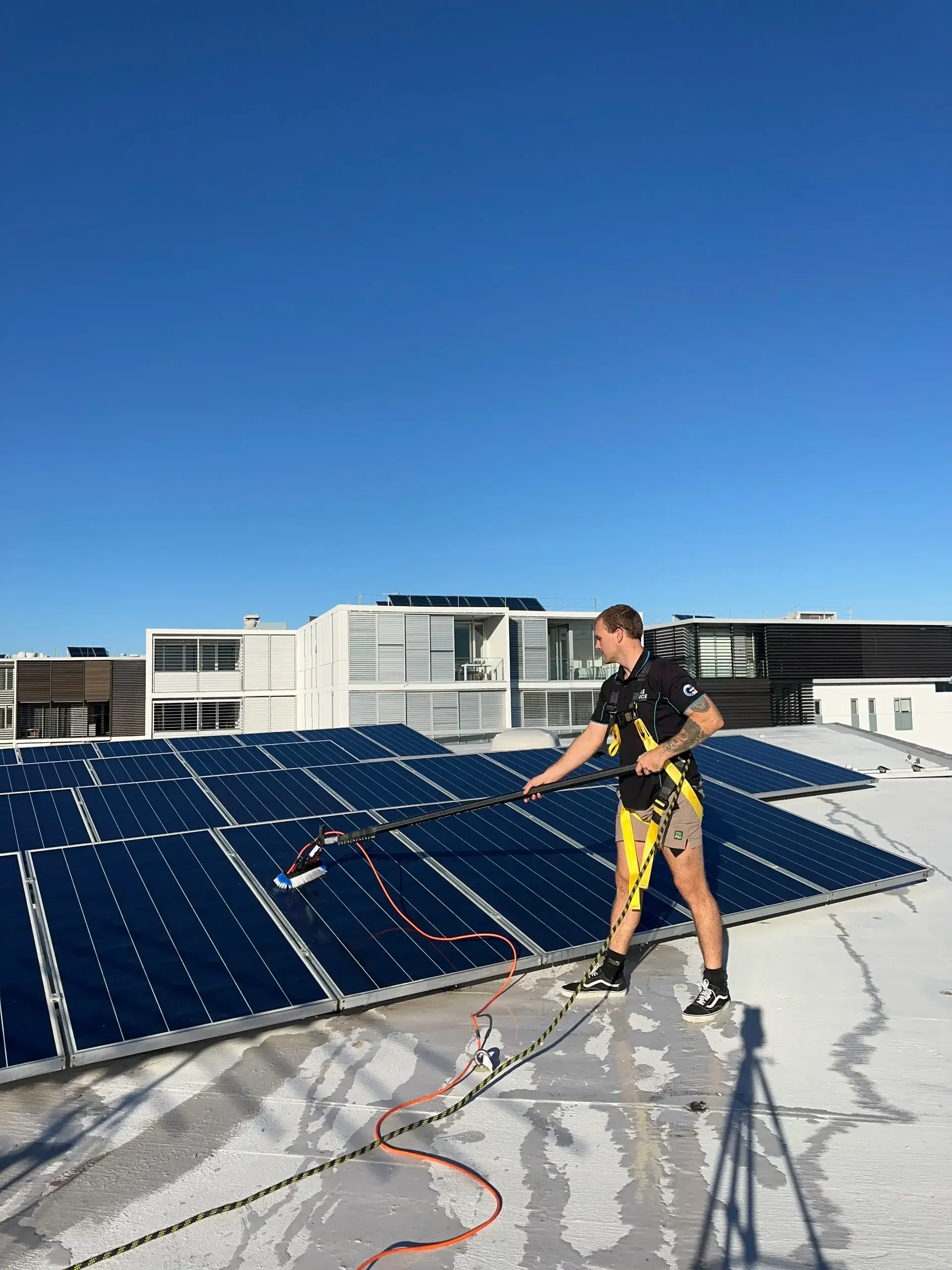 A man in safety gear uses a long brush to clean solar panels on a rooftop under a clear blue sky, with modern buildings in the background.